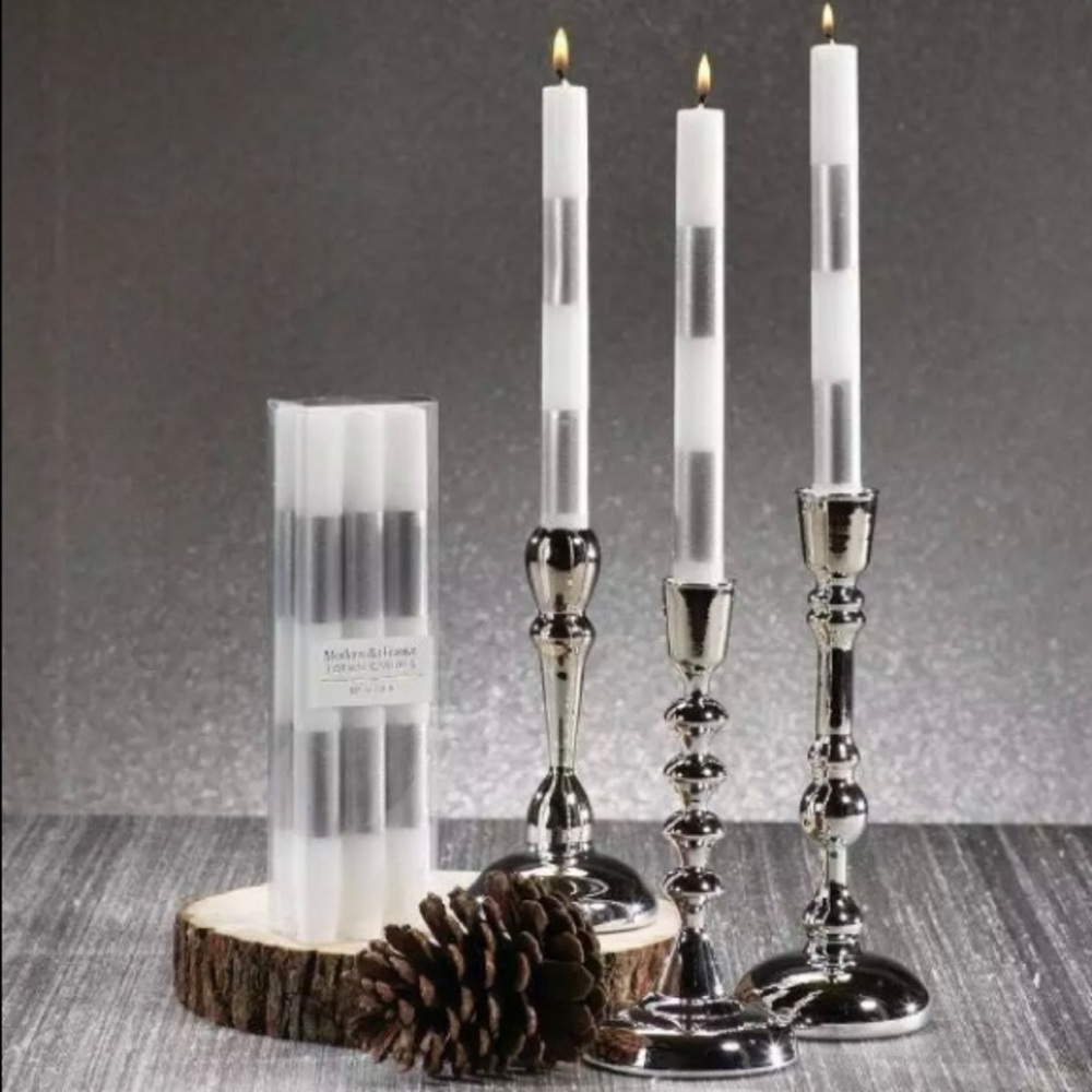 Brand new modern & festive candles. Silver & white